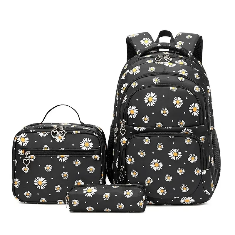Daisy Print Backpack Set 3 Piece Floral School Bag Combo with Lunch Box and Pencil Case Nylon Boys and Girls Fashion 1