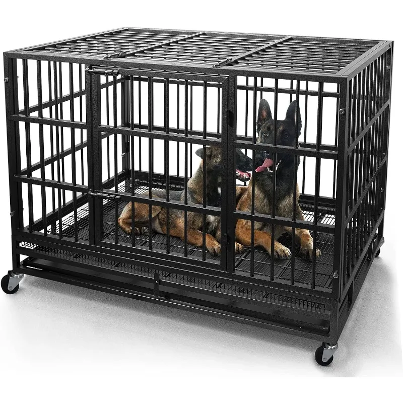 

WOKEEN 48 Inch Heavy Duty Dog Crate Cage Kennel with Wheels, High Anxiety Indestructible, Sturdy Locks Design