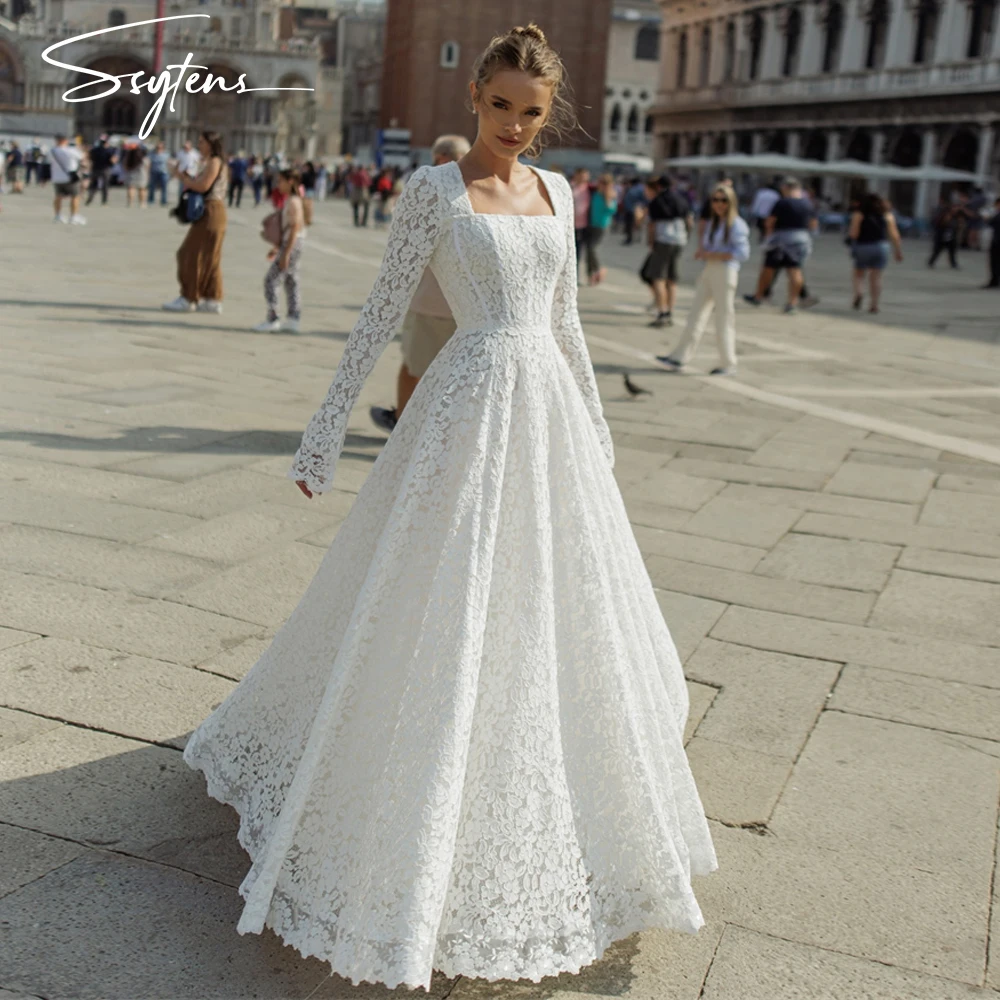 

Elegant Long Sleeves A Line Princess Wedding Dress for Women Square Neck Bridal Evening Gown Bride Dress Vestido de Novia Custom