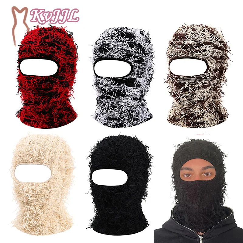 

Hip Hop Balaclava Distressed Knitted Caps Full Face Ski Mask Women Outdoor Camouflage Fleece Fuzzy Ski Windproof Beanies Men Hat