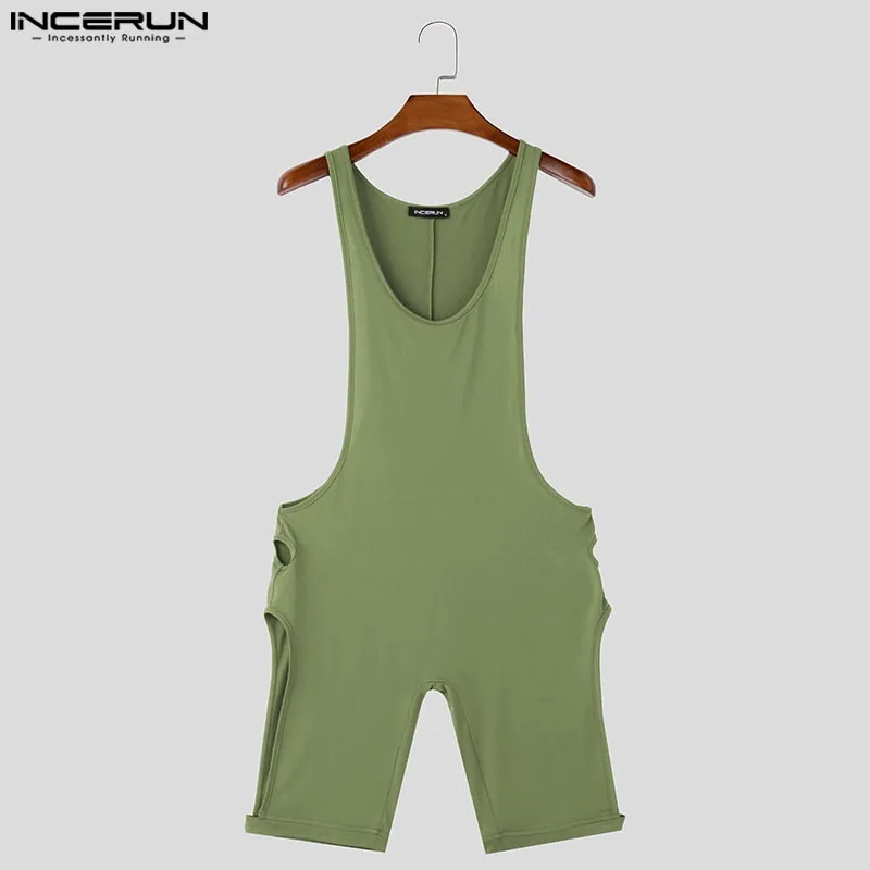 INCERUN Fashion Homewear American Style Men Side Hollow Tight Fitting Jumpsuits Sexy Solid U-neck Sleeveless Bodysuit S-5XL
