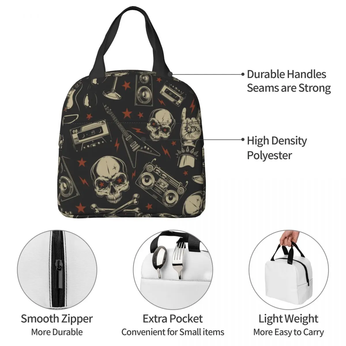 Heavy Metal Skull Lunch Bags Portable Insulated Oxford Cooler Bag Thermal Cold Food Picnic Lunch Box for Women Children