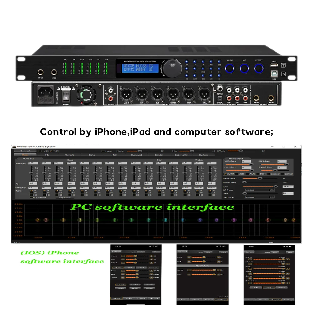 BX6 Professional Digital KTV Pre-effector Audio Echo Effect Processor DSP Audio Processor Anti Howling PC Software Bluetooth USB