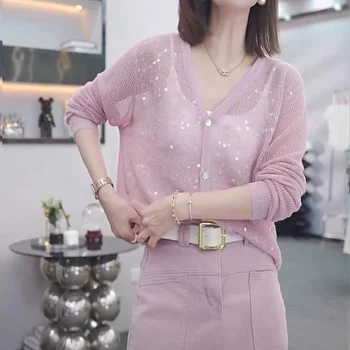 여성용 얇은 스팽글 가디건, 할로우 아웃 V넥 스웨터, 루즈 레이지 윈드 디자인, 한국 패션 캐주얼 상의, 여름 신상