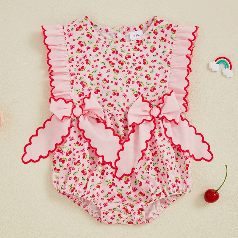 Cute Baby Clothing Summer New Infant Toddler Girls Princess Clothes Casual Sleeveless Round Neck Cherry Print Romper Jumpsuits 1