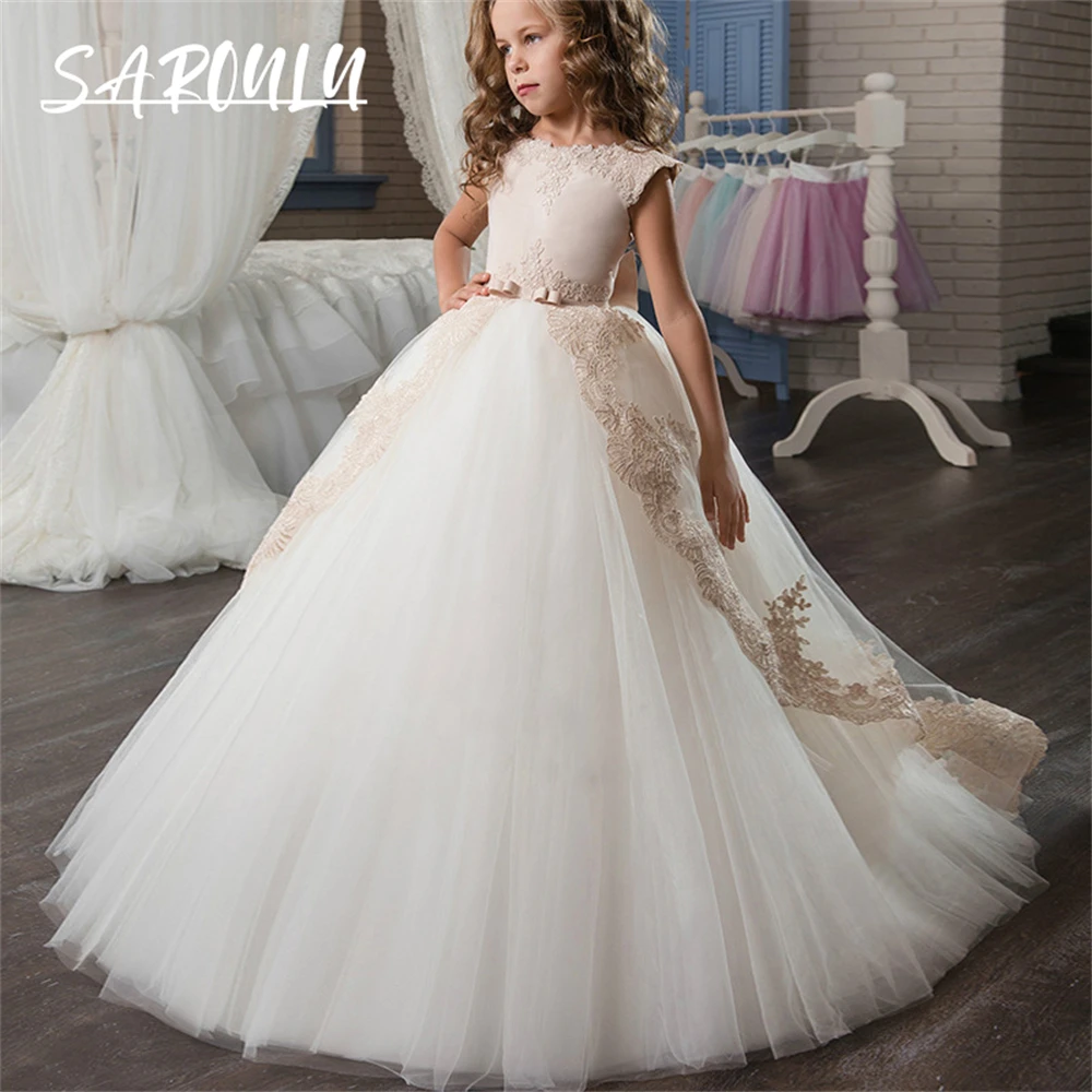 Classic Champagne Lace Ballgown Flower Girls Dress For Wedding Party Children Formal Prom Gown Sleeveless Princess Party Dresses