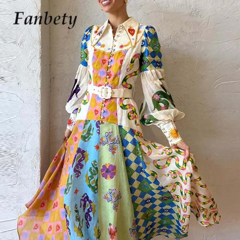 

Ethnic Style Graffiti Print Women's Dress Elegant Lantern Long Sleeve Long Dress Spring Lapel Button Patchwork Irregular Dresses