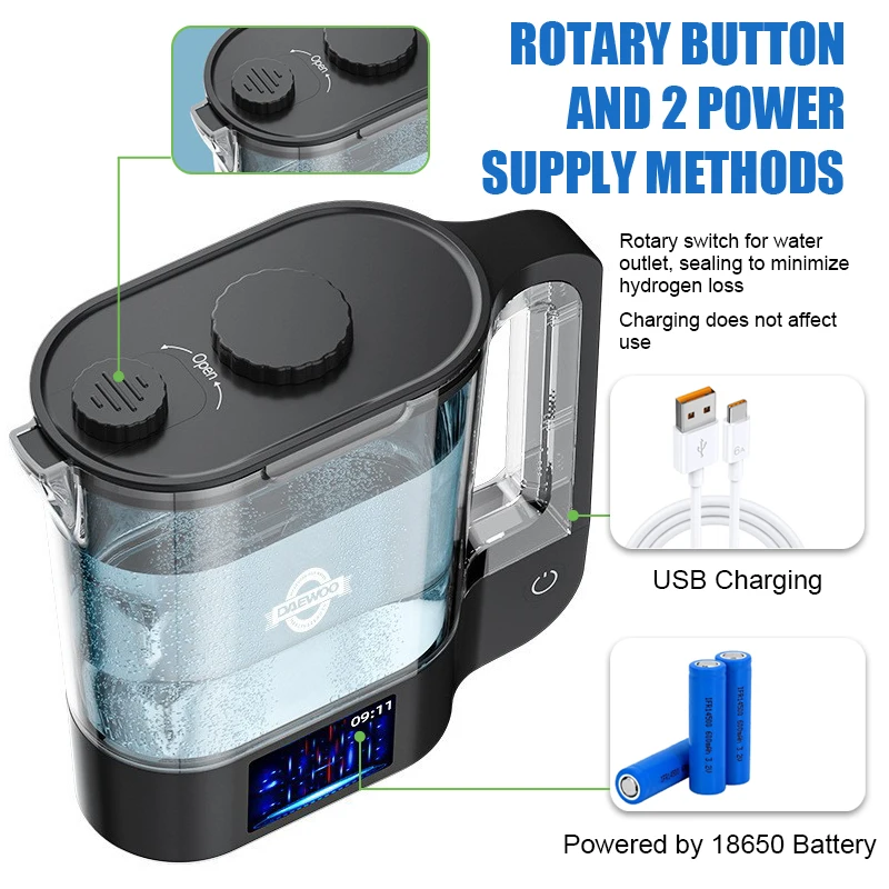 2L 수소수 생성기 SPE PEM 기술 1500-2000ppb 휴대용 수소수 물병 USB 충전 가정 및 사무실용