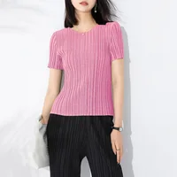 Miyake Pleated Short Sleeve Women's 2023 Summer New Thin Stretch Crew Neck All-Matching Slim Fit Pleated Hollow T-shirt Women 5