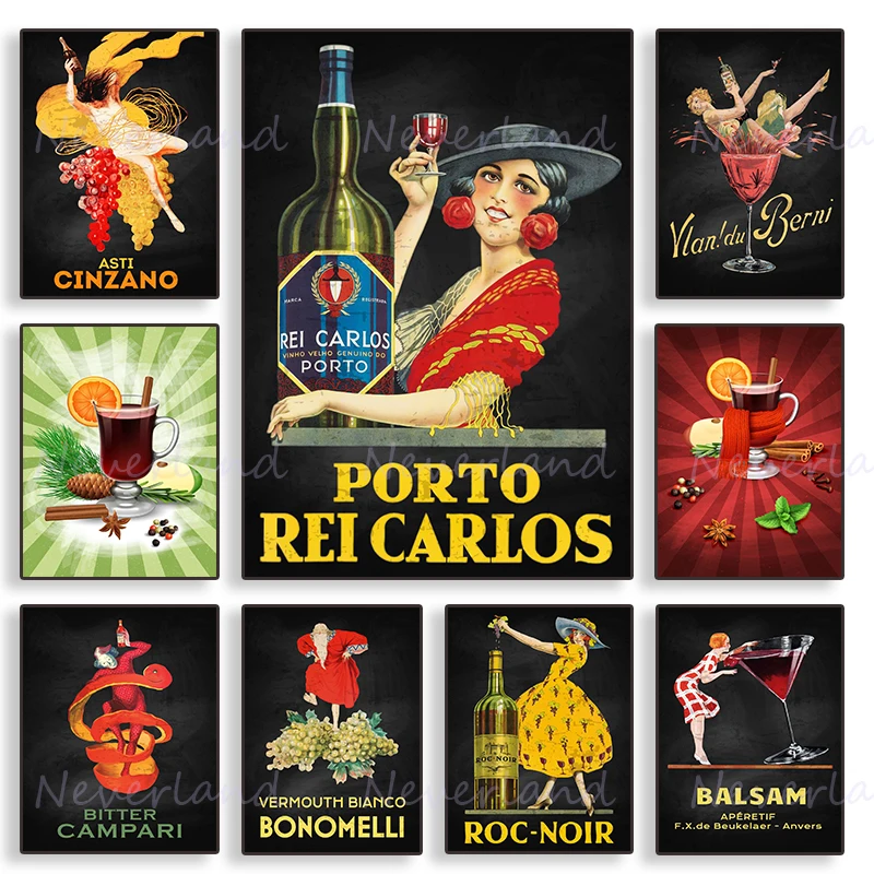 Vintage Hot Wine Mulled Campari Drink Poster Canvas Painting And Prints Balsamo Champagne Wall Art Picture For Kitchen Wall Decor