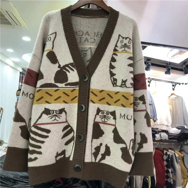 Maglione Donna Arssm Oversize Con Gatto Kawaii - Cardigan Comodo Con Tasche