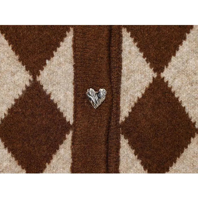 Vintage Casual Chic Women Sweater Argyle O-Neck Long Sleeve Pockets Knitted Cardigans Fashion 2025 Autumn Winter Sweater