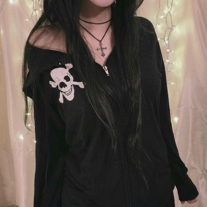 

00s Vintage Skull Print Hoodies Harajuku Retro Gothic Graphic Long Sleeve Halloween Sweatshirt y2k Punk Women Coat Streetwear