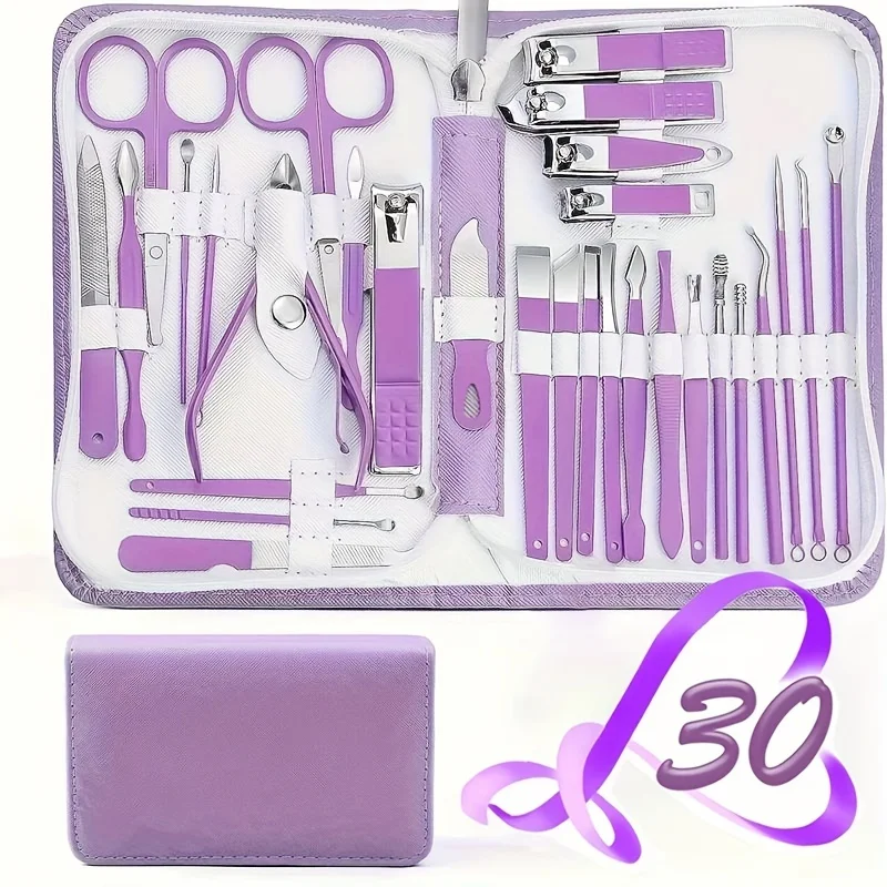 30 Pcs Purple Manicure Set Professional travel kit Stainless Steel Solid Manicure Kit Nail Care Kit With Pink Case Valentine 2