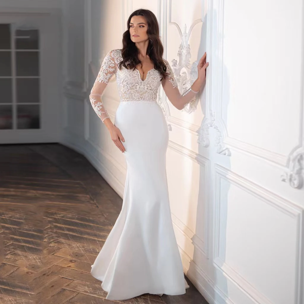 

Elegant V- Neck Mermaid Wedding Dresses For Women 2024 Lace Applique Top Long Sleeves Illusion Button Back Vestidos De Novia