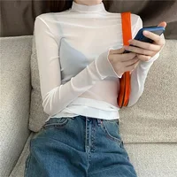 Sexy Women T Shirt See Through Transparent Mesh Tops Long Sleeve Sheer Slim Ladies Solid Turtleneck Silk T-Shirt Lace Crop Top - Image 4