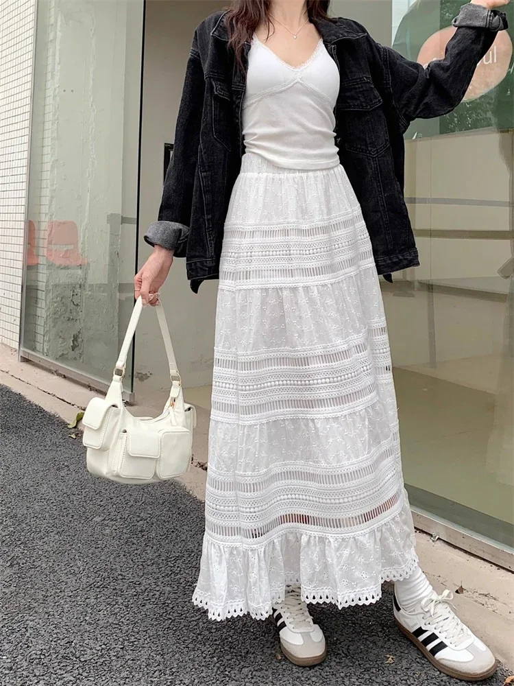 スカート SEMI COUTURE Women Skirts Y5SK21A010 White Women A-line High Waist Lace Pleated Long Skirt Color