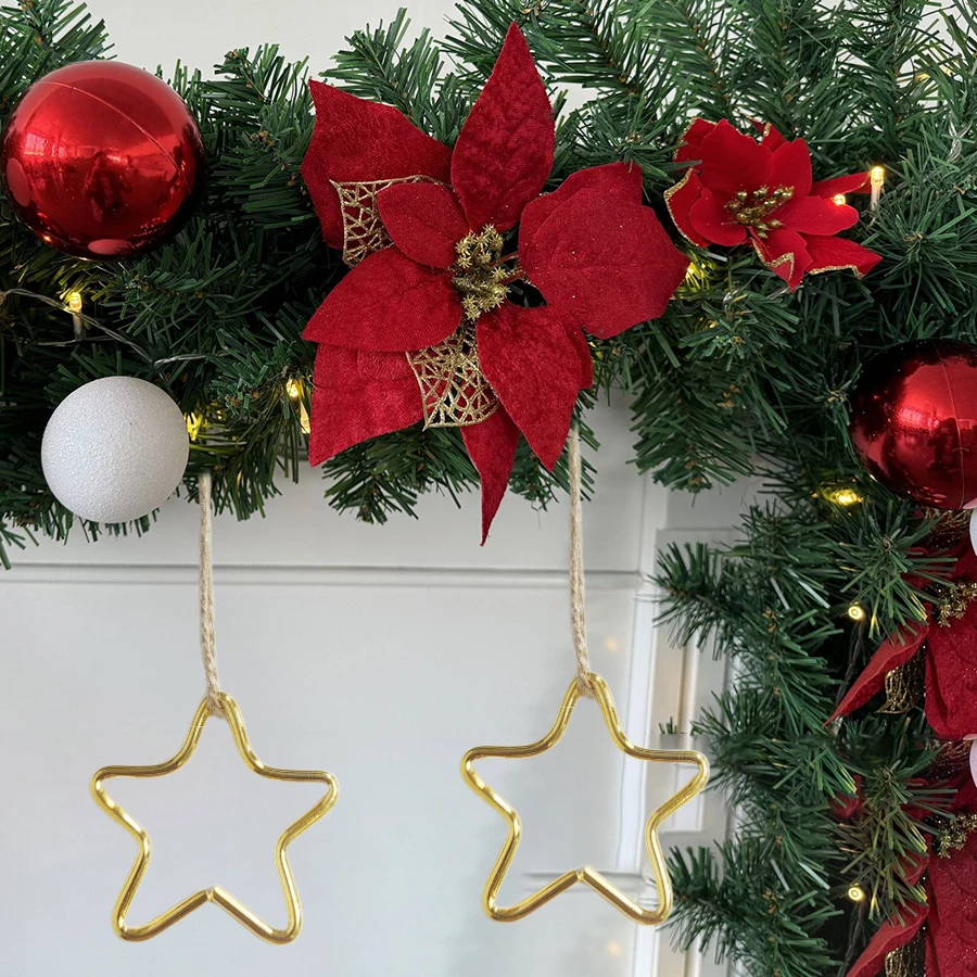 6-Piece Set of Golden Star Pendants for Christmas Tree Decoration, High-Quality Metal Iron Art for Holiday Celebrations, Wreaths, Fireplace, Stair Railings, Door Lintels, DIY Ornament Accessories