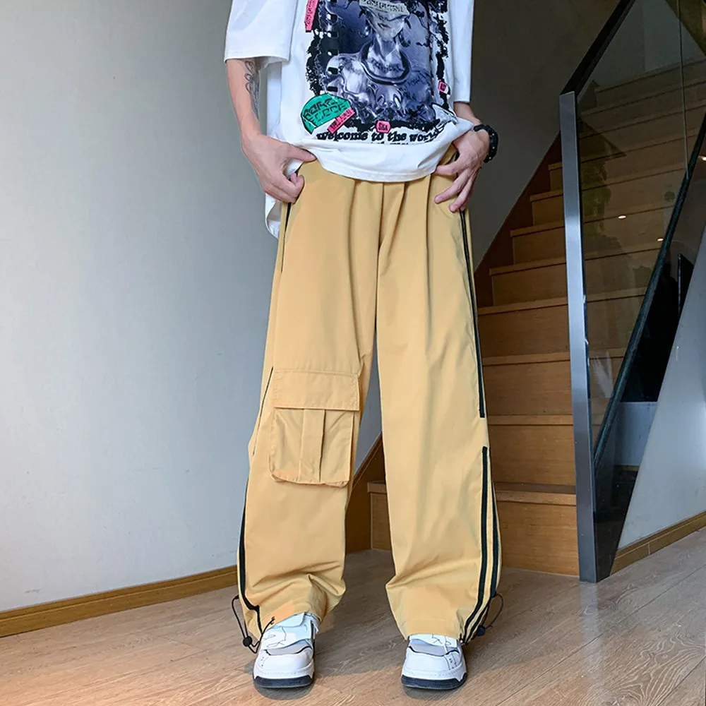

New Summer Men's Khaki Wide Leg Pants Hip Hop Oversized Baggy Leg Pocket Elastic Waist Straight Fashion Cargo Trousers Man