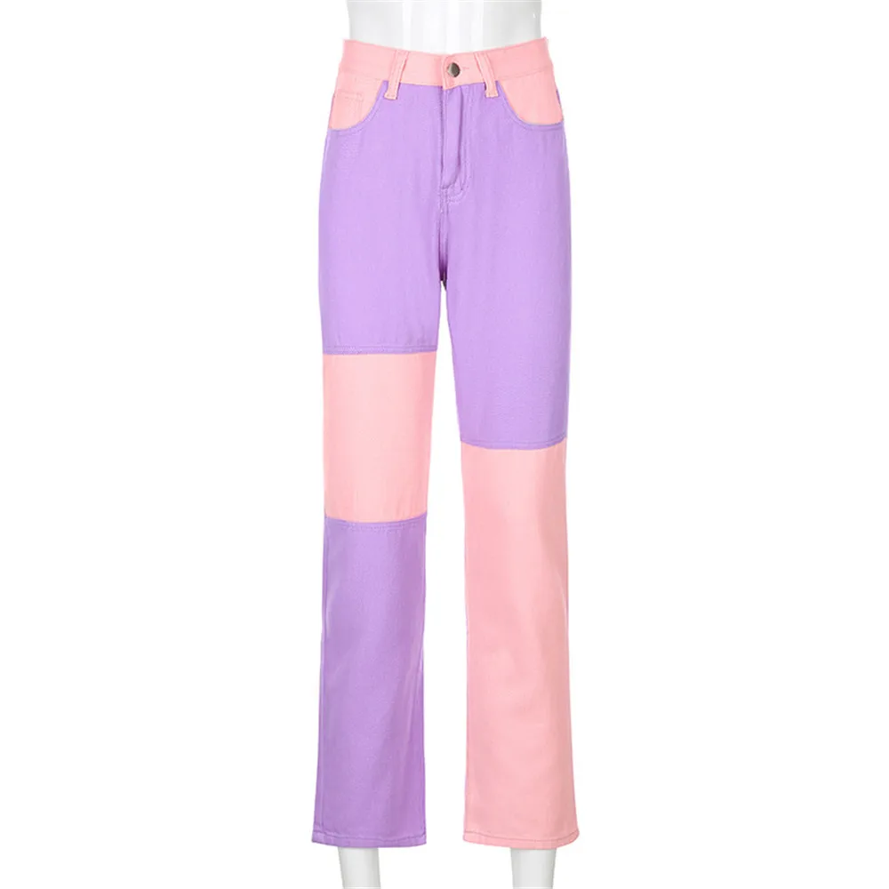 

Patchwork Baggy High Waist Jeans 2020 Women Vintage Denim Streetwear Female Ripped Wide Leg Joggers Straight Pants