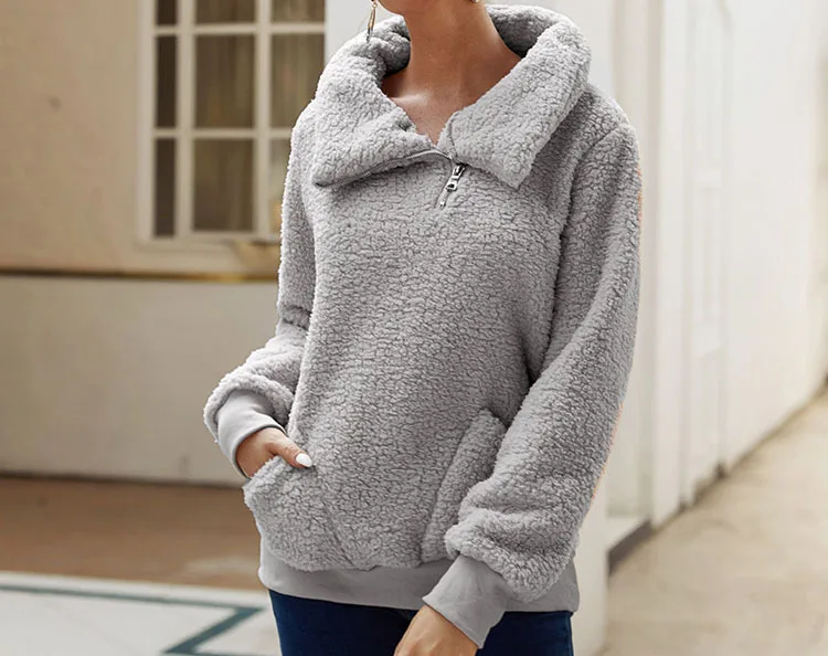 Sweatshirt for Women 2023 Autumn and Winter New Fashion High Neck Solid Color Pocket Zipper Long Sleeve Casual Blouse