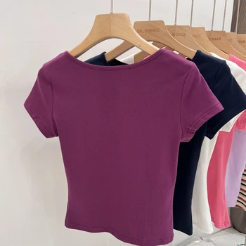 2025 خمر الصليب ضمادة الخامس الرقبة تي شيرت الصلبة سليم صالح قصيرة الأكمام البلوز المحملة Y2k الجمالية الشرير قمة الموضة غير رسمية 5