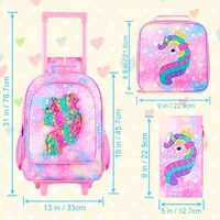 3PCS Rolling Backpack for Girls, Kids Roller Wheels Bookbag, Wheeled School Bag with Lunch Bag - Unicorn Pink 4