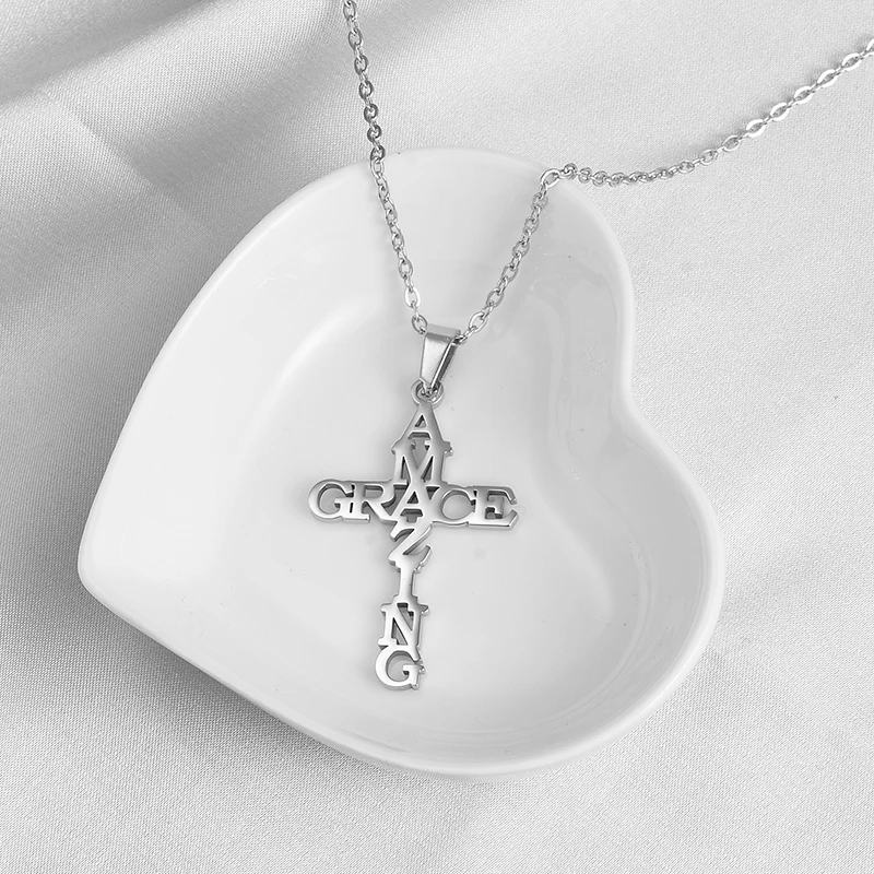 Dropshipping Stainless Steel Amazing Grace Cross Necklace Religion Jesus Fashion Pendants For Women Men Best Friend Gift Jewelry 2