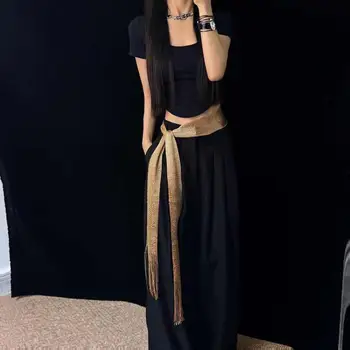 Sciarpa in tessuto con frange e nappe, lunga e fluida, tinta unita, cintura a fascia per la vita, accessorio elegante per le vacanze in stile orientale