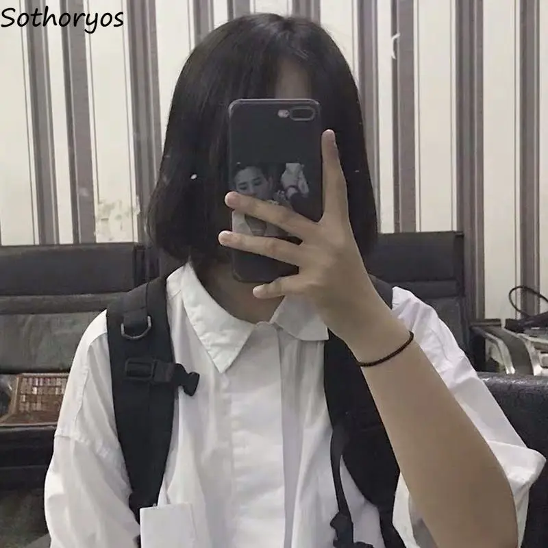 

Белая рубашка с коротким рукавом, женская простая мешковатая рубашка с отложным воротником для школьниц, стильная уличная одежда Ulzzang для подростков, колледжа и отдыха