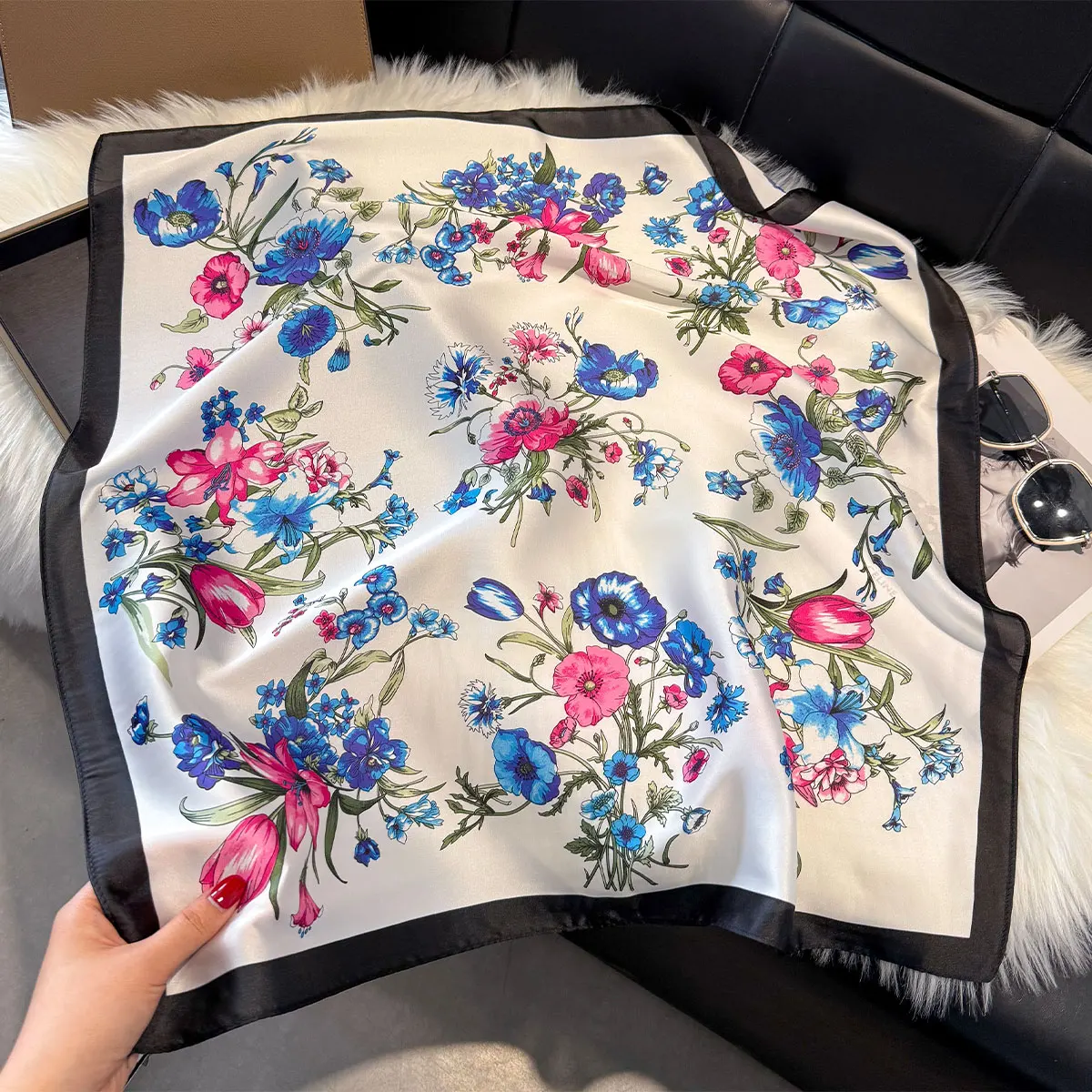 Spring and Autumn NEW Floral Square Scarf Women Satin Shawl Wrap Hijab Female Hair Luxury Headkerchief Sun Protection Bandana