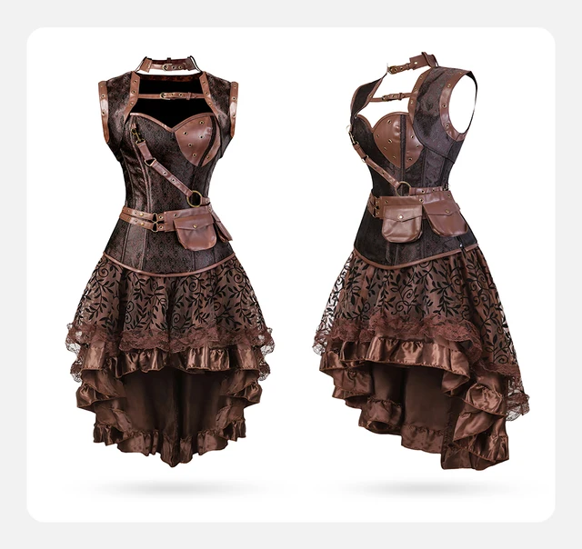 SHOPESSA Disfraz medieval con conjunto de corsé, corsé de botón a presión,  disfraz medieval para mujer, talla grande, ropa punk de vapor, vestido para