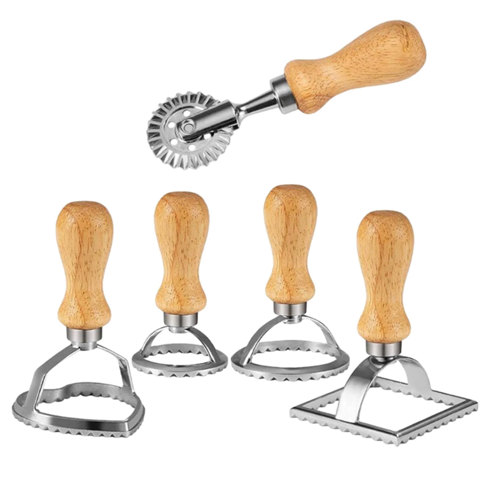

5pcs Ravioli Stamp Set Reusable For Kitchen Practical Dumpling Wooden Handle Easy Grip Handheld Fluted Edge Press Zinc Alloy