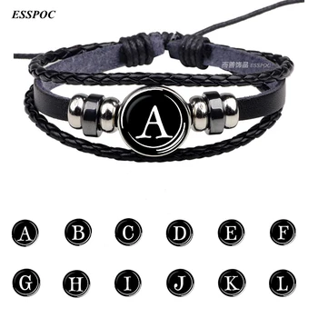 26 Letters Bracelet Personality Team Name Rope Bracelet Black Leather Bracelet Button Bangle Men Women Fashion Birthday Gifts