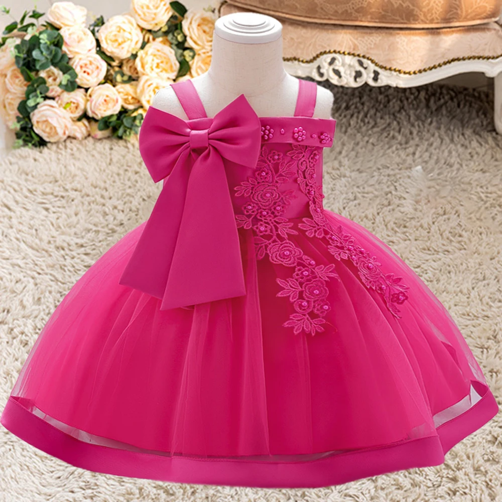 

Beading Baby Girl Dresses Pink Bow Flower Party 1st Birthday Gown Toddler Wedding Princess Kids Dress for Girl Christmas Vestido