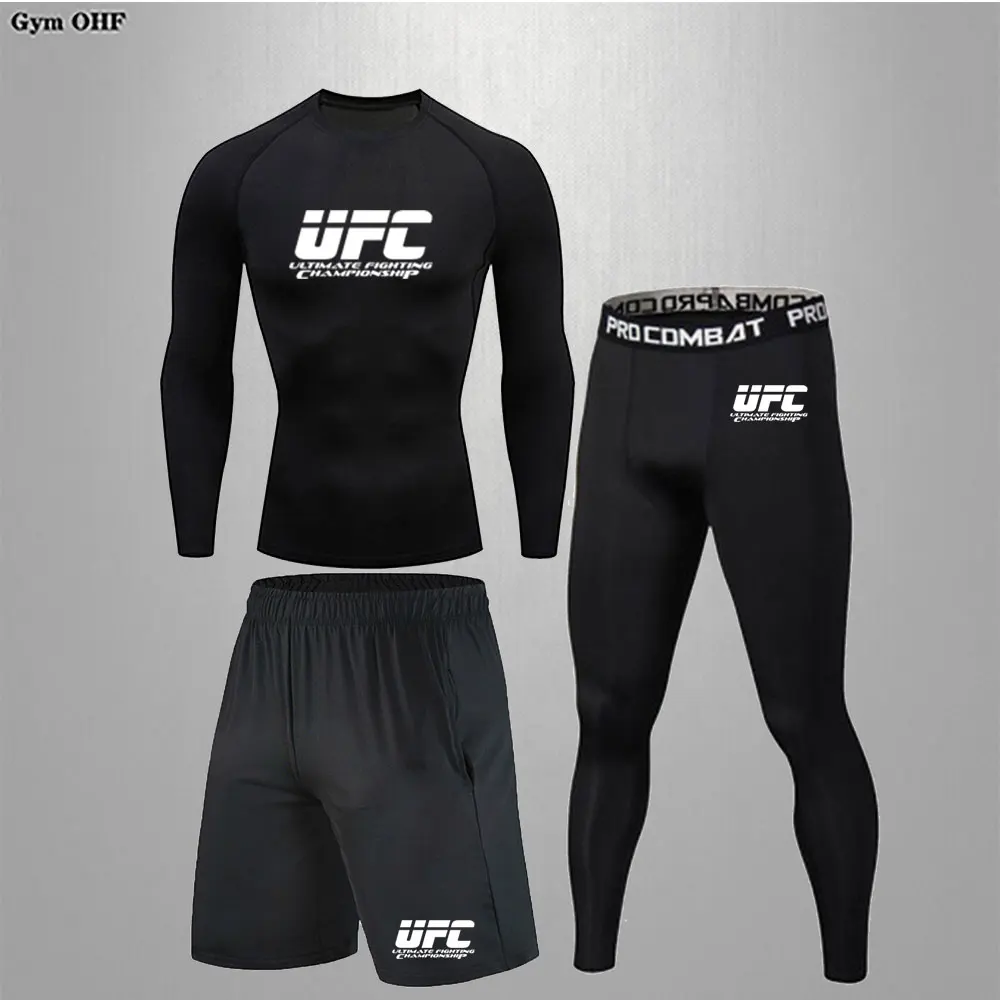 

Men Quick Dry Running Shirt Shorts Legging Sets MMA Rashguard Jiu Jitsu Fitness T-Shirt Set Gym Clothing Workout T-Shirt For Men