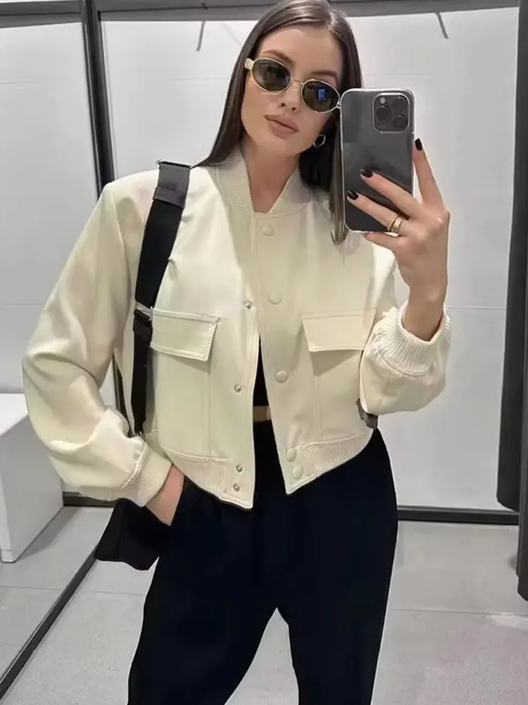 HH 2024 Women Elegant White Coat Long Sleeve Button Bomber Jacket Fashion Woman Casual Solid Office Lady Y2K Outerwear