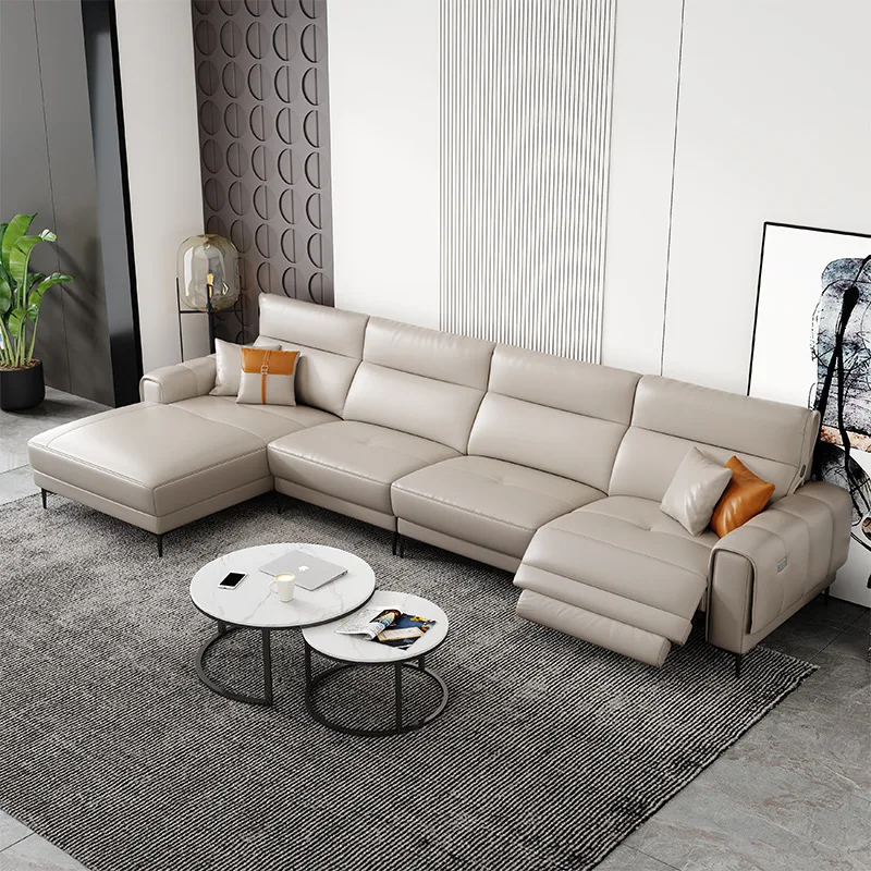 Italian leather sofa electric function sofa living room modern light luxury first layer cowhide straight row three-seater small