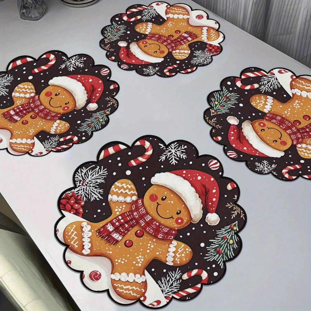 4PCS Christmas Circular Waves Placemats Non Slip Heat Resistant Table Mats Winter Dining Party Christmas Decor Round Tablecloth_voghion.com