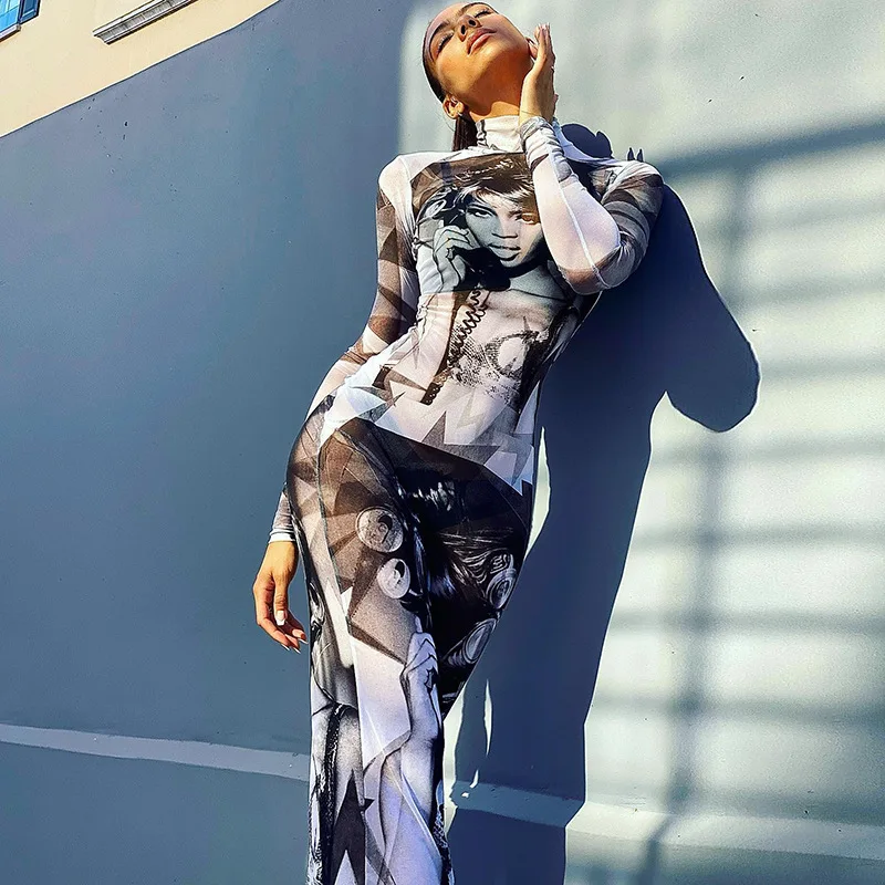 

Fashion Print Mesh See Through Maxi Dresses Outfits for Women Long Sleeve Bodycon Dresses Party Club Clothes Streetwear