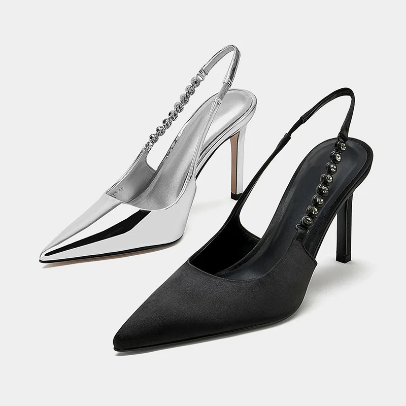 

2024 Spring/Summer New Pointed High Heels Chain Fashion Banquet Single Shoes Thin Heels Workplace Black Women's Sandals