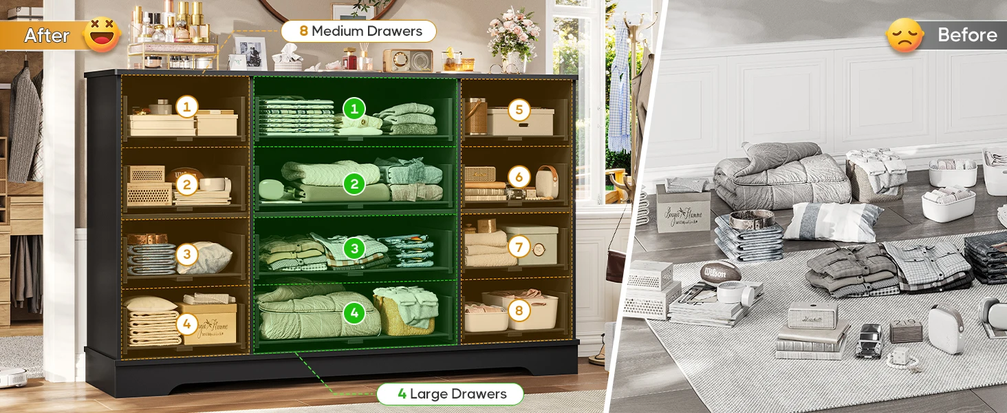 Description Picture 6 of itemLarge Dresser with 12 Drawers for Bedroom, 61.4'' Long Modern Chest of Drawers, Black Wide Dressers Clothes Closet,