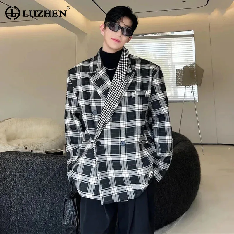 

LUZHEN элегантный стильный клетчатый Блейзер Пальто контрастный дизайн мужская повседневная Корейская оригинальная Свободная куртка 64ba37