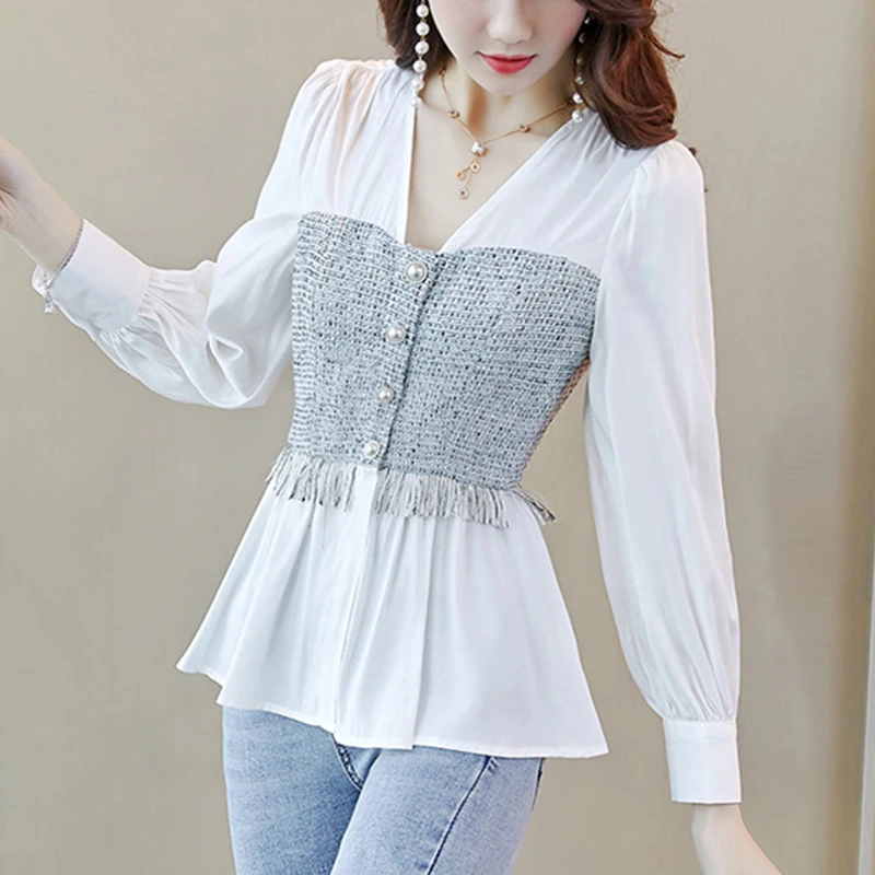 Spring Summer Casual Fashion Patchwork Long Sleeve Shirt Female V-neck Cardigan Top Women Elegant Tassel Buttons Blouse Femme