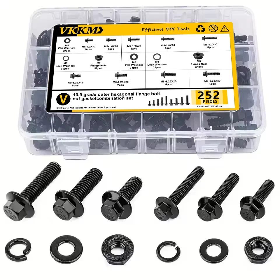 Outer Hexagon Flange Bolt Nut Screw Spring Gasket Combination Set Black Carbon Steel Screw Box Hardware 252pcs