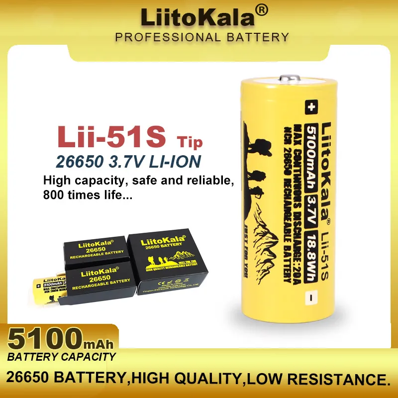 

1-12PCS Liitokala LII-51S 26650 20A 3.7V Power Rechargeable Lithium Battery 26650A 5100mA Suitable For Flashlight (NO PCB)