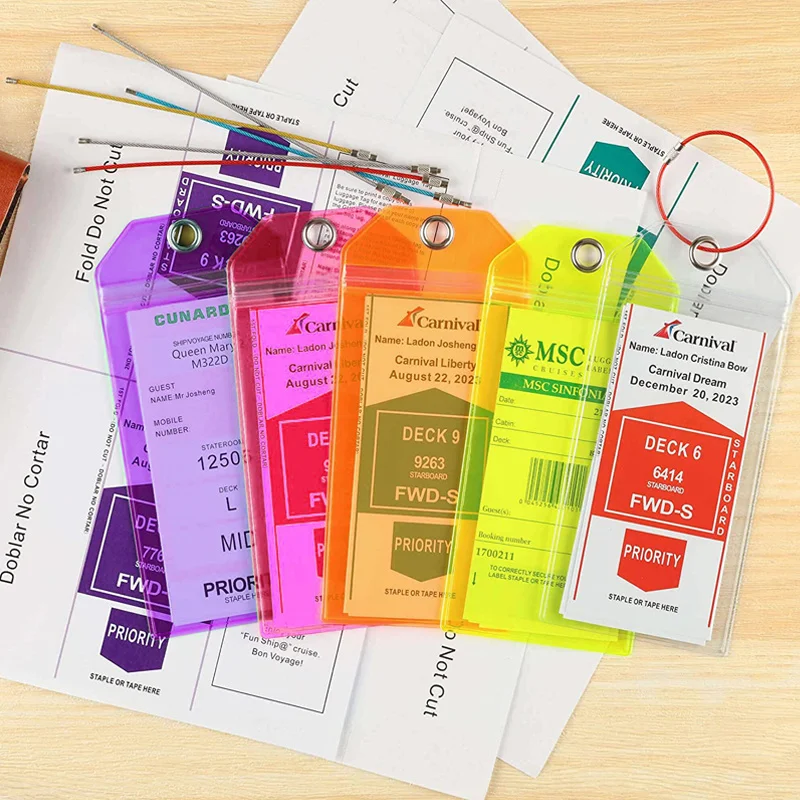 5pcs PVC Fluorescent Colorful Cruise Luggage Tag Holder Stainless Steel Wire Rope Key Chain Boarding Pass Travel Tag Card Cover