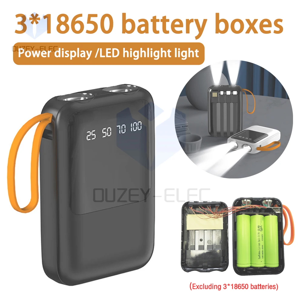3 *18650 Power Bank Case 4 in 1 DIY Battery Charge Storage Box Shell Micro USB Type C Flashlight For Charging Mobile Phones