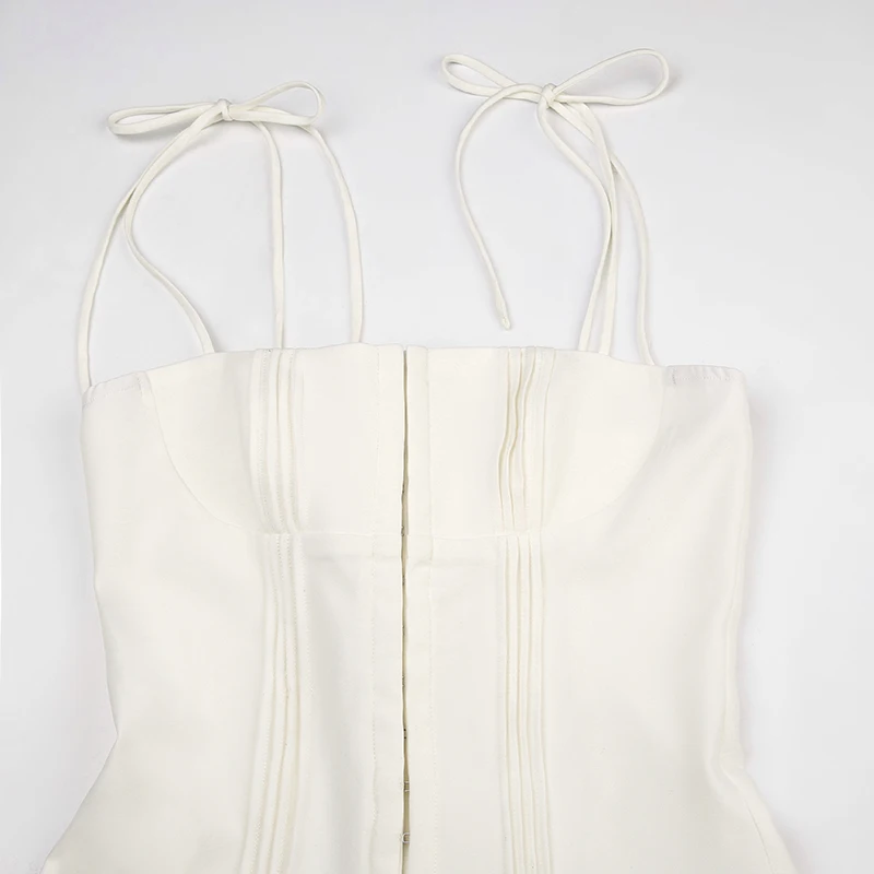 Sweet French Style White Spaghetti Straps A Line Pleated Dresses For Women Front Hook Closure Fit And Flare Mini Dress