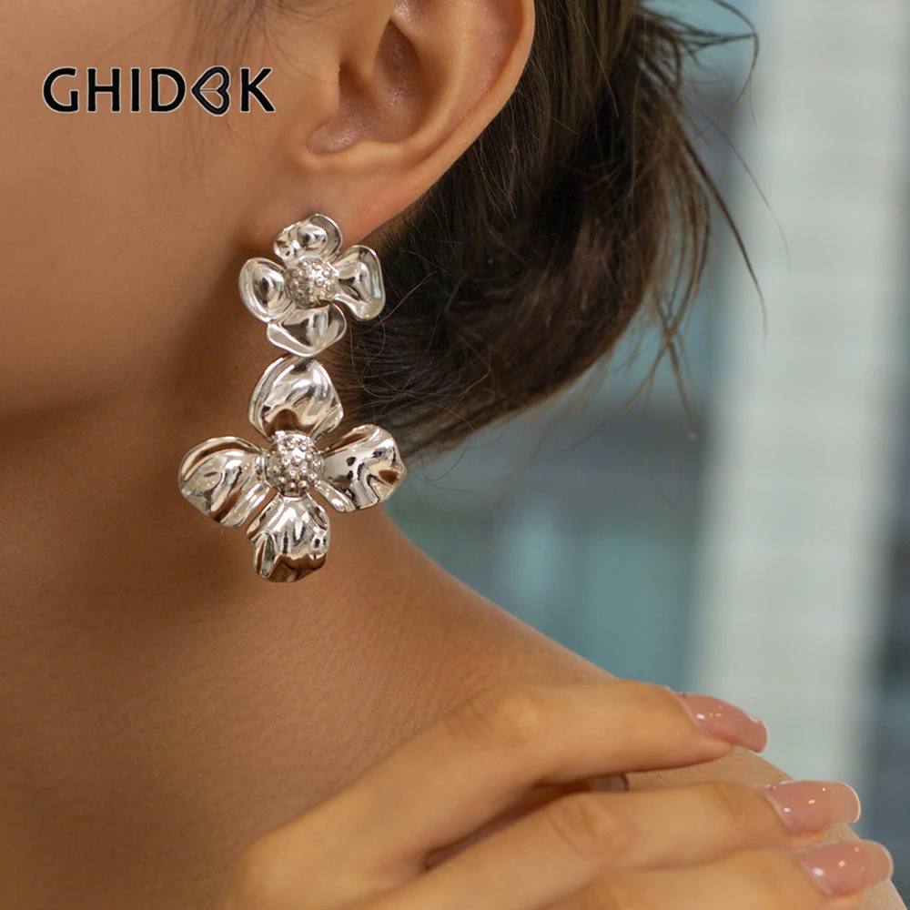 GHIDBK Потрясающие 18K Позолоченные Двойные Цветочные Висячие серьги для женщин эффектные цветы свадебные висячие серьги модный тренд
